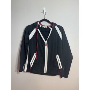 Ann Taylor LOFT Womens Medium Black White Red Colorblock Full Zip Hoodie Jacket